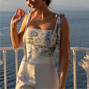 Reformation Ellora Tie-Shoulder Top - Blue on white teacup